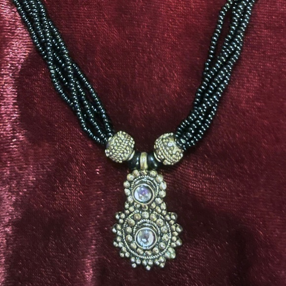 Hand Beaded Necklace With Silver Tone Pendant & Crystals - Picture 1 of 5